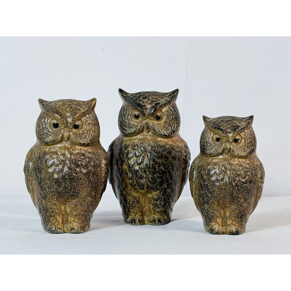Vtg Trio Owl Family Set of 3 Textured Ceramic Made in Japan Brown Figurines